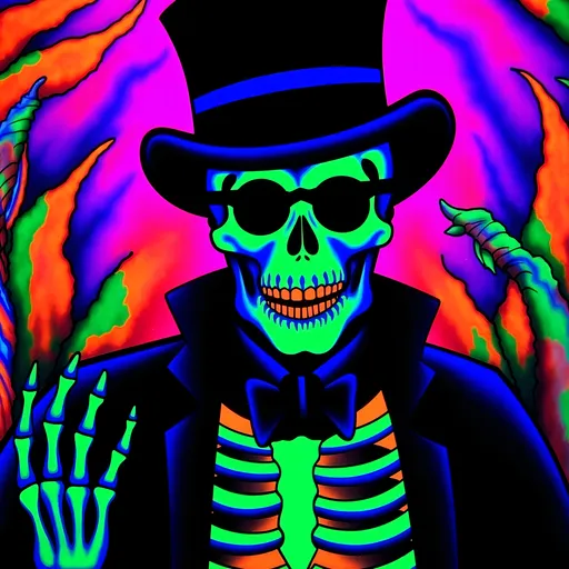 Prompt: Baron Samedi (black light art), depicted with a top hat, black tail coat, dark glasses, and cotton plugs in the nostrils, as if to resemble a corpse dressed and prepared for burial in the Haitian style. depicted as a skeleton (but sometimes as a black man that merely has his face painted as a skull