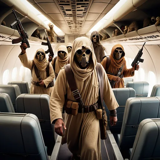 Prompt: (Tusken Raiders walking), holding Ak-47, inside a Boeing 747, passengers (raising their hands) in a chaotic scene, cinematic ambiance, dim lighting, dramatic shadows, realistic expressions of fear, ultra-detailed, vibrant colors within the airplane's interior, conveying a mix of tension and chaos, highlighting the unique clash of sci-fi and real-world elements, capturing an unexpected moment.