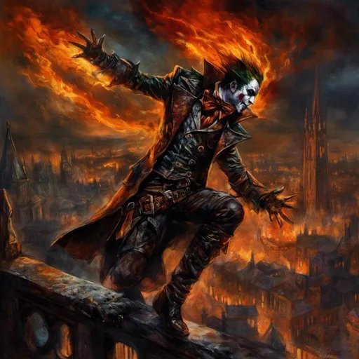 Prompt: <mymodel>(mymodel) joker from (DC Batman). perched on a window, hands in the air in triumph, gazing into a fiery cityscape, flames illuminated against a dark sky, dramatic tones, vivid reds and oranges, smoke swirling in the air, high detail, moody atmosphere, urban environment, nighttime, powerful contrast, cinematic lighting, ultra-detailed, surreal and intense emotional vibe.