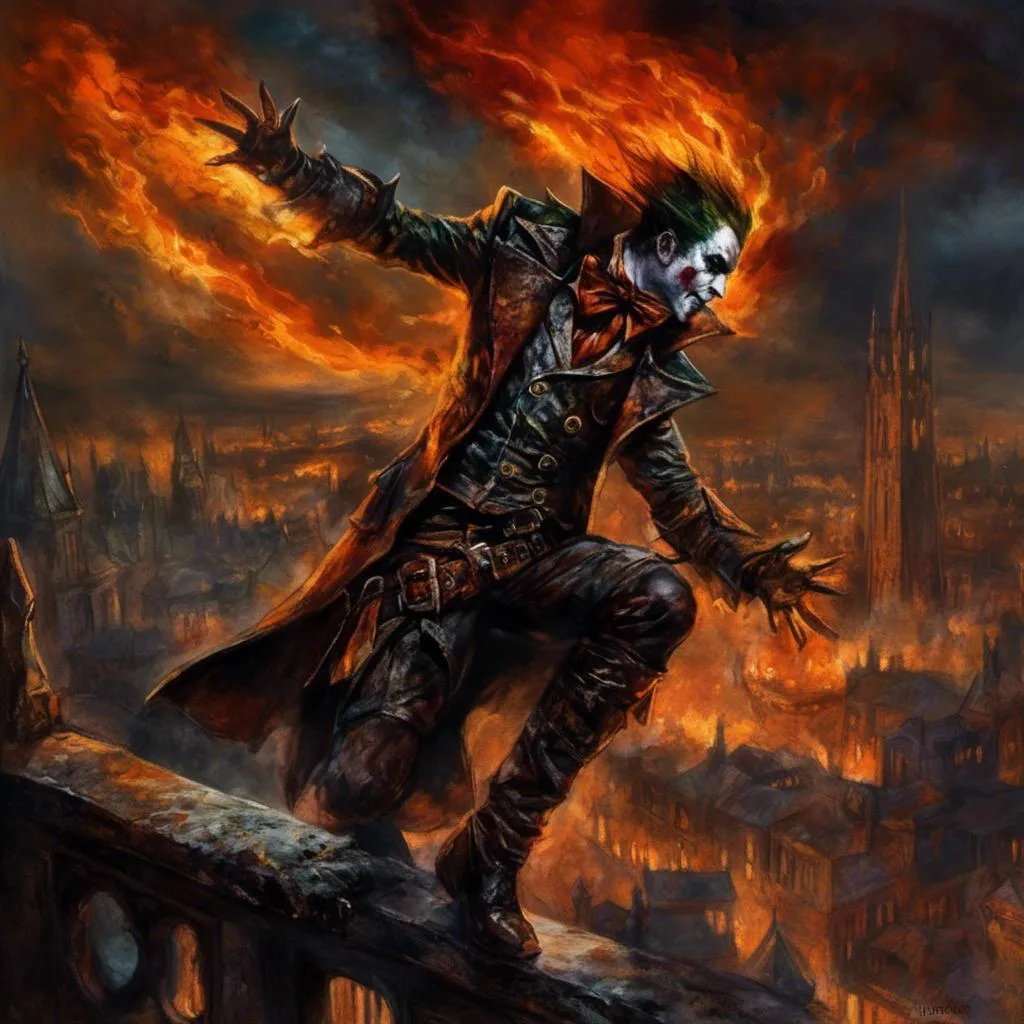 Prompt: <mymodel>(mymodel) joker from (DC Batman). perched on a window, hands in the air in triumph, gazing into a fiery cityscape, flames illuminated against a dark sky, dramatic tones, vivid reds and oranges, smoke swirling in the air, high detail, moody atmosphere, urban environment, nighttime, powerful contrast, cinematic lighting, ultra-detailed, surreal and intense emotional vibe.