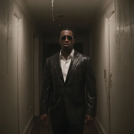 Prompt: Horror theme Sean "Diddy" Combs. Dark hallway blurry vision. Baby oil dripping from ceiling.