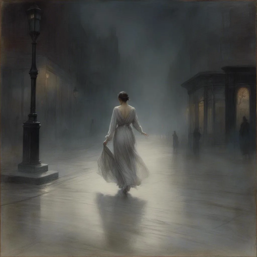 Prompt: <mymodel> ethereal, dream like, masterpiece quality, high definition, focused detail, anatomically correct hands and fingers. Woman, long flowing robes, scarlet shadows dancing around her, walking in a street of a desolate Victorian style city. Dark atmosphere, misty, low visibility, mysterious shadows, moonlit.