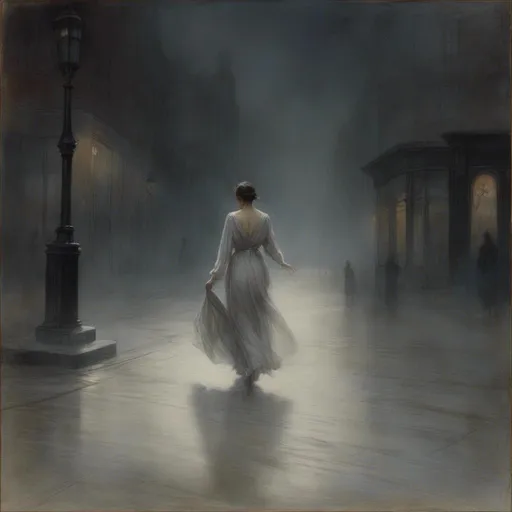 Prompt: <mymodel> ethereal, dream like, masterpiece quality, high definition, focused detail, anatomically correct hands and fingers. Woman, long flowing robes, scarlet shadows dancing around her, walking in a street of a desolate Victorian style city. Dark atmosphere, misty, low visibility, mysterious shadows, moonlit.