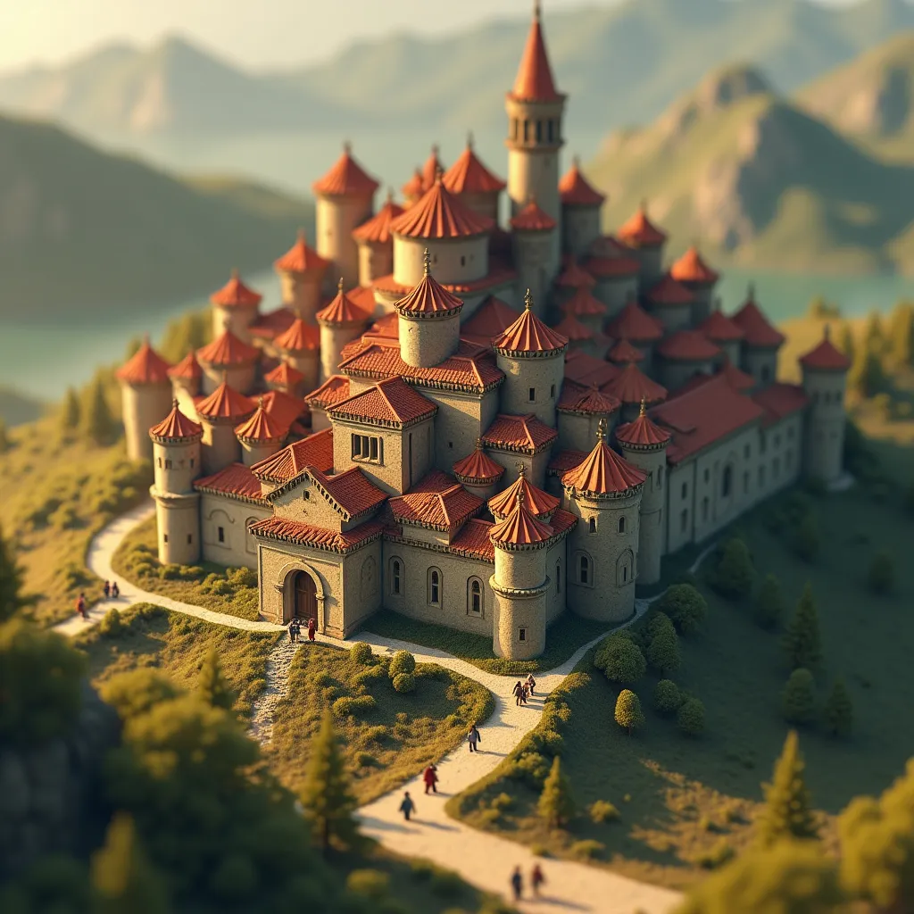 Prompt: aerial view, tilt-shift, isometric miniature world, detailed landscape world render of the holy crusades