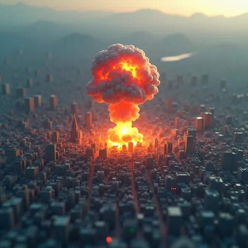 Prompt: aerial view, tilt-shift, isometric miniature world, detailed landscape world render of the atomic bomb hitting Hiroshima.