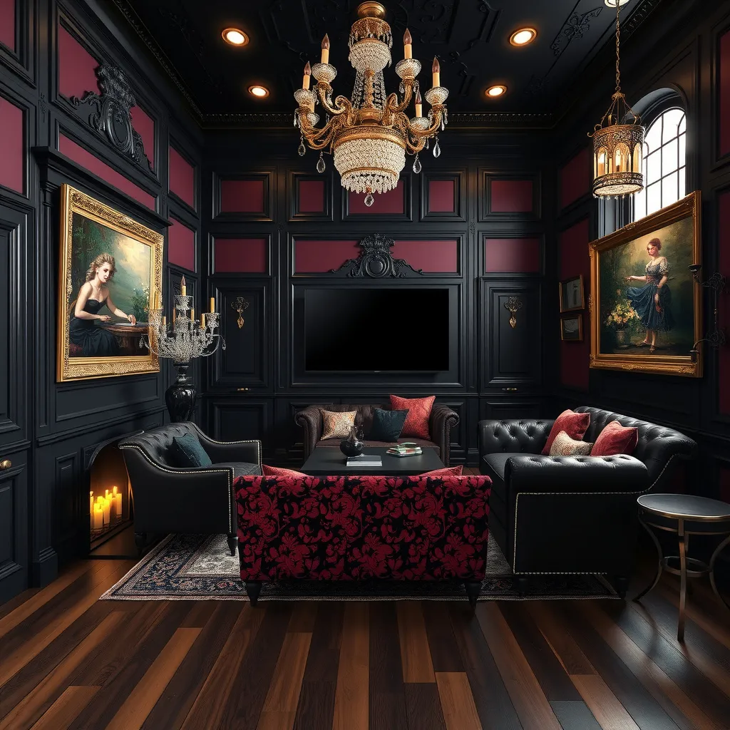 Prompt: Victorian style living room dark stained wooden floors. Black accents, marooned colored. Oil paintings with lights under the paintings, black doors, golden handles, golden intricate chandeliers. Giant flat screen tv on the wall. Black trimmed couch black wood, maroon colored, black floral designed cushions, black throw pillows.