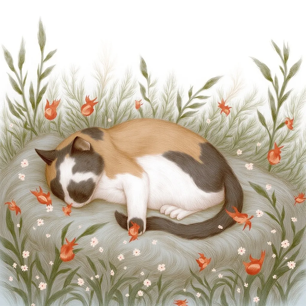 Prompt: Peaceful cat laying in bed of flowers.