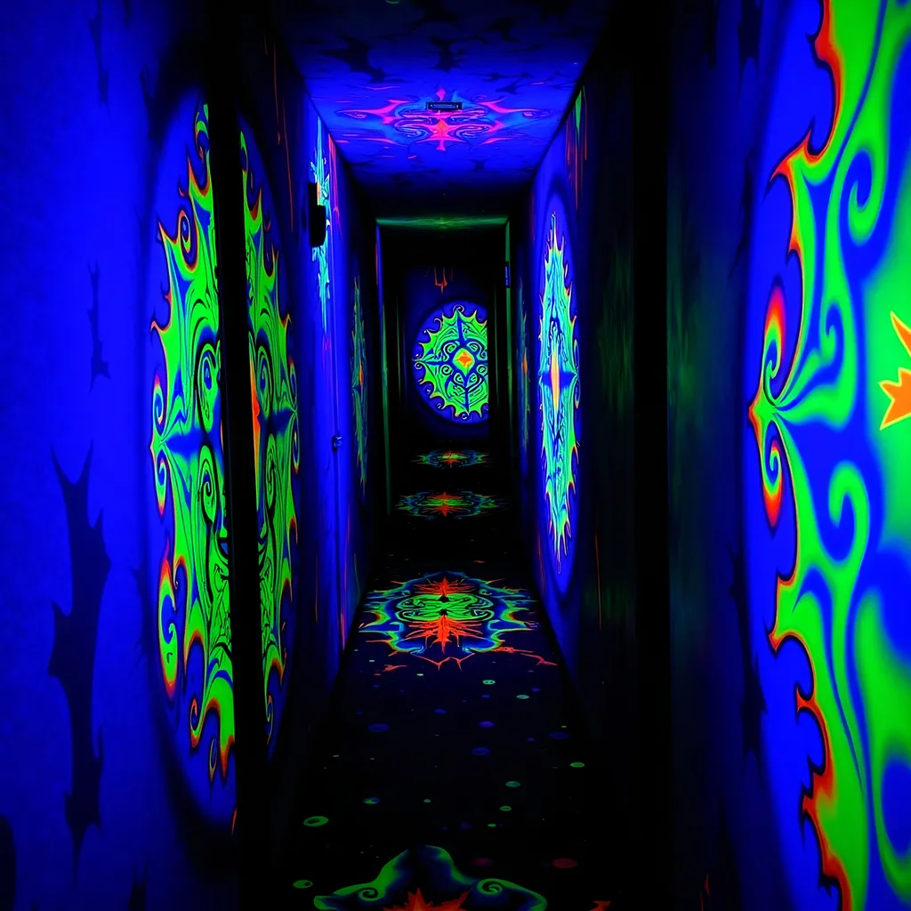 Prompt: Creature in a dimly lit (black light) hallway, eerie atmosphere, glowing details, high contrast colors, haunting presence, surreal shadows, dark edges, mysterious ambiance, intricate designs on walls, possibly abstract art, narrow perspective, (ultra-detailed) 4K resolution, gripping tone, unsettling feel, cinematic quality.