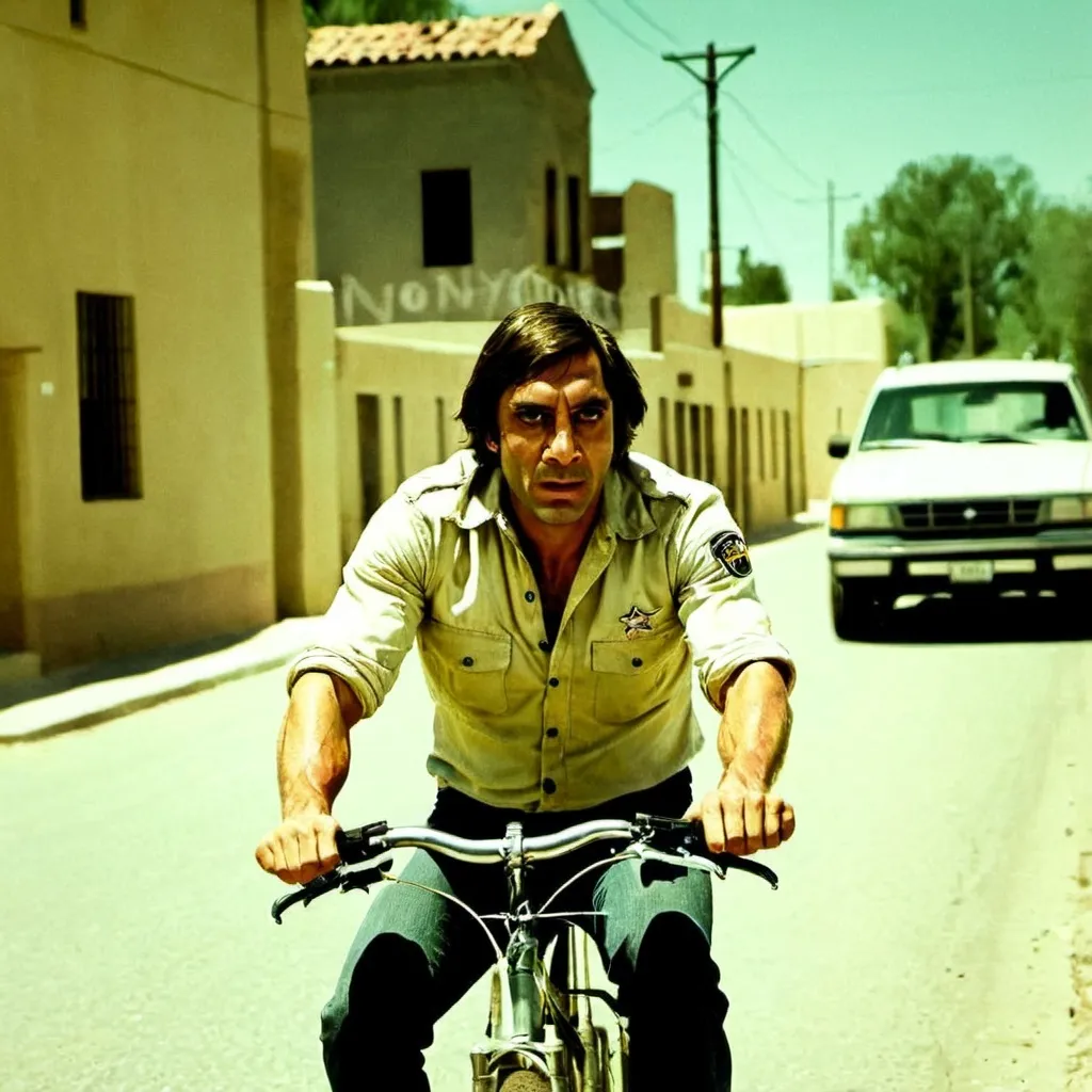 Prompt: No country for old men. Javier Ángel Encinas Bardem. Riding a bicycle.