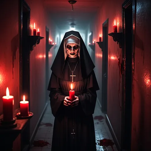 Prompt: Horror theme, dark corridor, red lighting, candles dim candles, nun no eyes, ghoul skin, claws, misty.