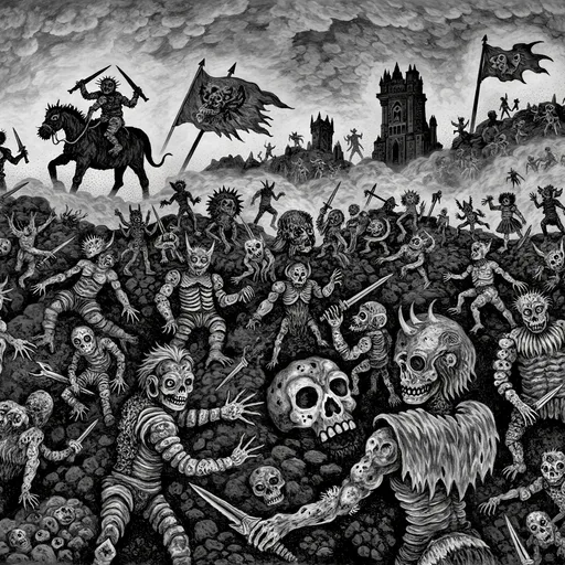 Prompt: (medieval battle scene), knights in armor clashing swords, intense expressions, dynamic action, banners waving in the wind, dramatic atmosphere, dusk lighting with shadows, vibrant colors of armor and weapons, background with a foggy landscape, towering castle in the distance, high detail (4K) illustration.