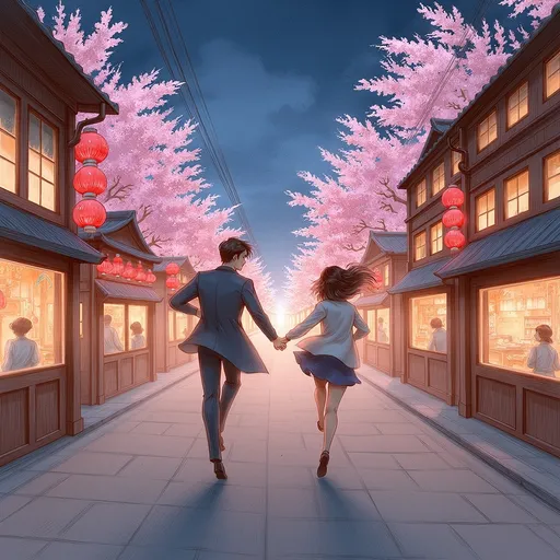 Prompt: Couple running (holding hands), vibrant Japanese cityscape, cherry blossoms in bloom, traditional architecture, colorful lanterns, neon lights illuminating the streets, warm evening glow, energetic motion, joyful expressions, delighted ambiance, captivating details, high resolution, ultra-detailed, engaging atmosphere.