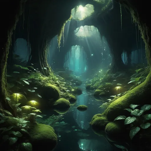 Prompt: Sunlight cascading across heavily wooded area, dark ground, misty, wondrous, magical, large deep hole, cavernous ,multiple biomes, glowing algae, glow worms, plant bioluminescence. 4k high-definition, photorealism.