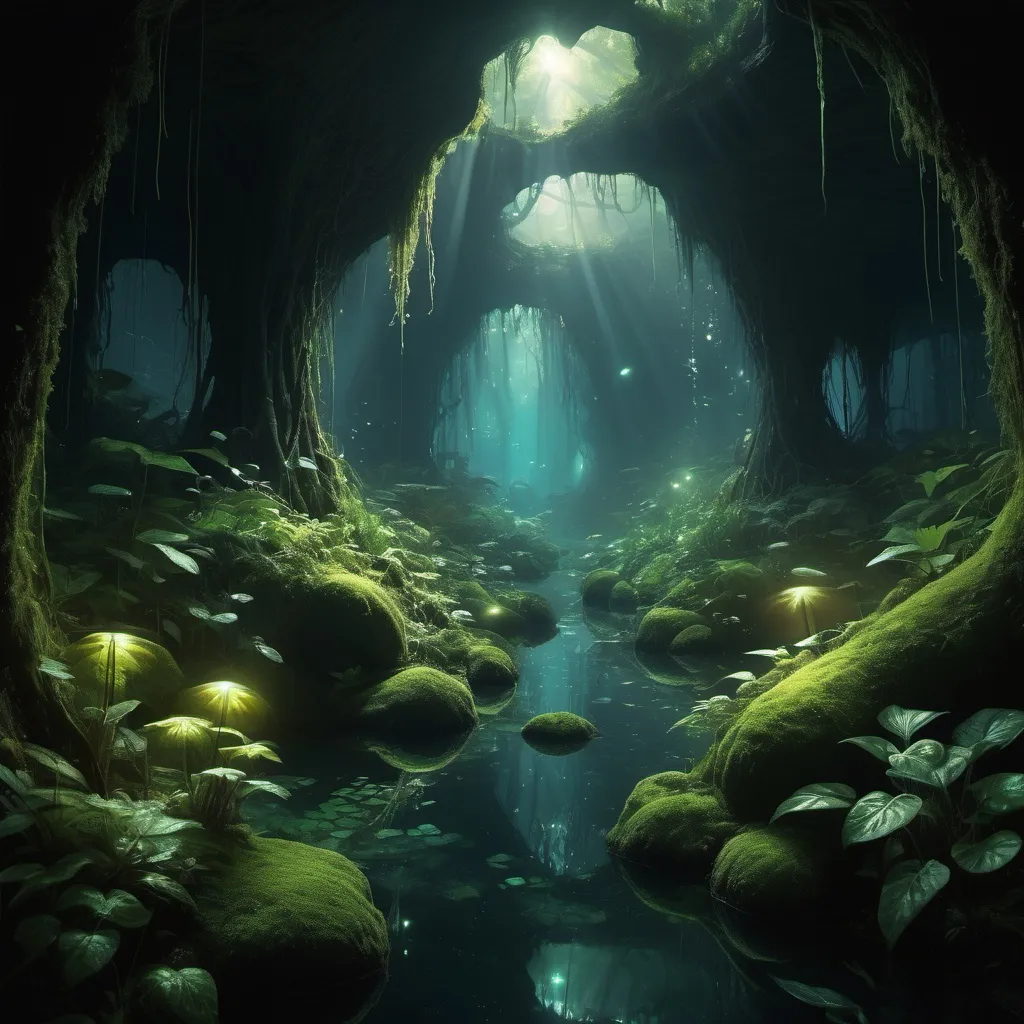 Prompt: Sunlight cascading across heavily wooded area, dark ground, misty, wondrous, magical, large deep hole, cavernous ,multiple biomes, glowing algae, glow worms, plant bioluminescence. 4k high-definition, photorealism.