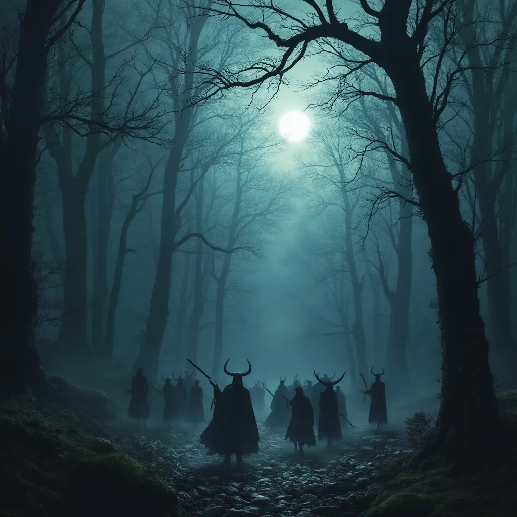 Prompt: Army of ghouls, phantoms, monsters, demons roaming. Dark forest, moonlit, deep fog, mythical forest.