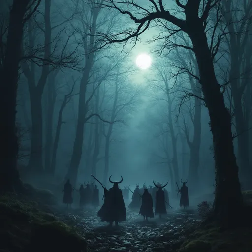 Prompt: Army of ghouls, phantoms, monsters, demons roaming. Dark forest, moonlit, deep fog, mythical forest.