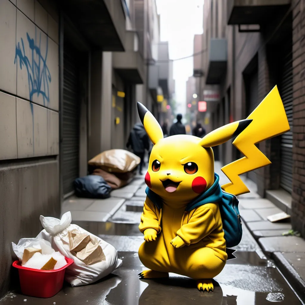 Prompt: Pikachu in an urban alleyway wearing a hoodie selling sugar to a mob of homeless people.