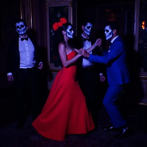 Prompt: (Día de los Muertos couple dancing), elegant red dress, sophisticated blue suit, dynamic pose, vivid detailed expressions, (black light art), glowing neon colors against dark backdrop, atmospheric Victorian setting with ornate decor, high contrast and striking illumination, (ultra-detailed), graceful movement, mesmerizing and enchanting ambiance reminiscent of a ballroom dance experience.