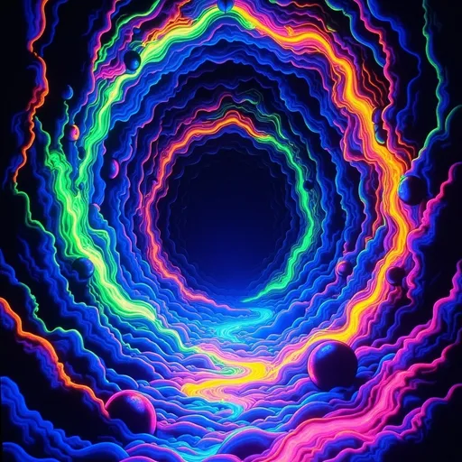 Prompt: (Giant void swirling with magical light), deep pit vortex, glowing neon colors, dark exterior, mysterious ambiance, energetic and ethereal light patterns swirling, grainy texture, low resolution for a vintage aesthetic, a surreal dream-like atmosphere. Capture the essence of magic and depth in this captivating scene.