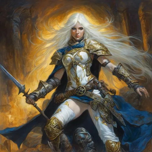 Prompt: <mymodel> Angel, clad in white and gold armor, long torn cloak, long white blond hair, deep blue neon eyes. Bright golden neon halo.