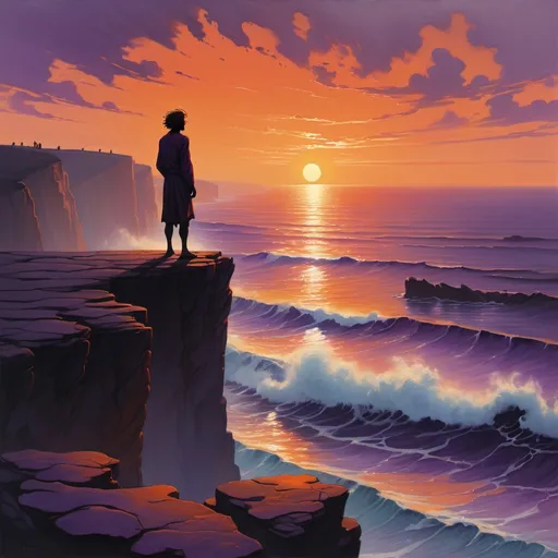 Prompt: A solitary figure stands at the edge of a cliff at sunset, gazing out over a vast, endless ocean. The sky is ablaze with deep oranges and purples, the sun dipping just below the horizon. The wind tousles their hair, and their silhouette is slightly hunched, as if bearing the weight of unspoken thoughts. Below, waves crash against the rocks, symbolizing turmoil, while the horizon offers a sense of hope and calm. The contrast between the turbulent sea and the serene sky evokes a quiet inner struggle, a yearning for peace amidst chaos.