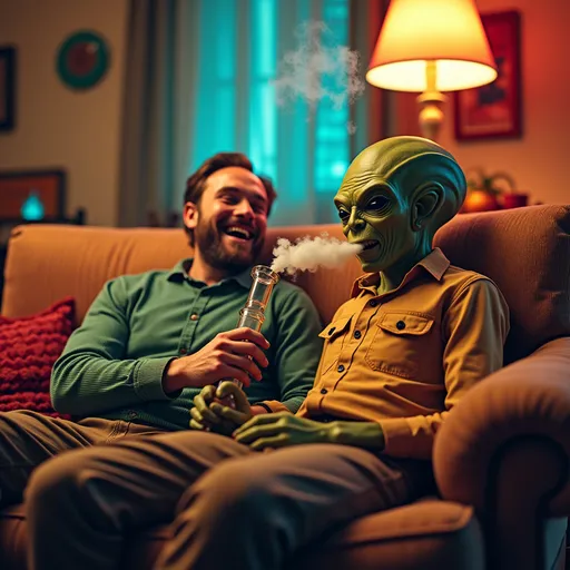 Prompt: (Man sitting on a couch, alien next to him, both smoking a bong, laughing hysterically), vibrant colors, whimsical atmosphere, humorous vibe, cozy interior with retro furnishings, soft lighting emphasizing relaxed expressions, detailed textures of the couch and alien features, high-quality, ultra-detailed, playful scenario that reflects a fictional friendship, featuring unusual props and a relaxing environment.