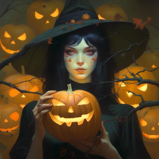 Prompt: <mymodel> (Horror theme) witch, glowing tattoos, golden eyes. Crouching holding a jack o lantern