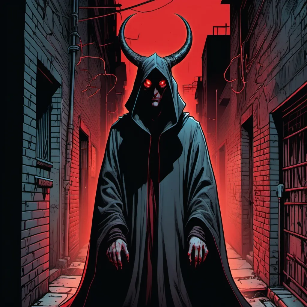 Prompt: Cloaked figure horns glowing red eyes. Dark alleyway, detailed, dark colors, dramatic, graphic novel illustration,  2d shaded retro comic book