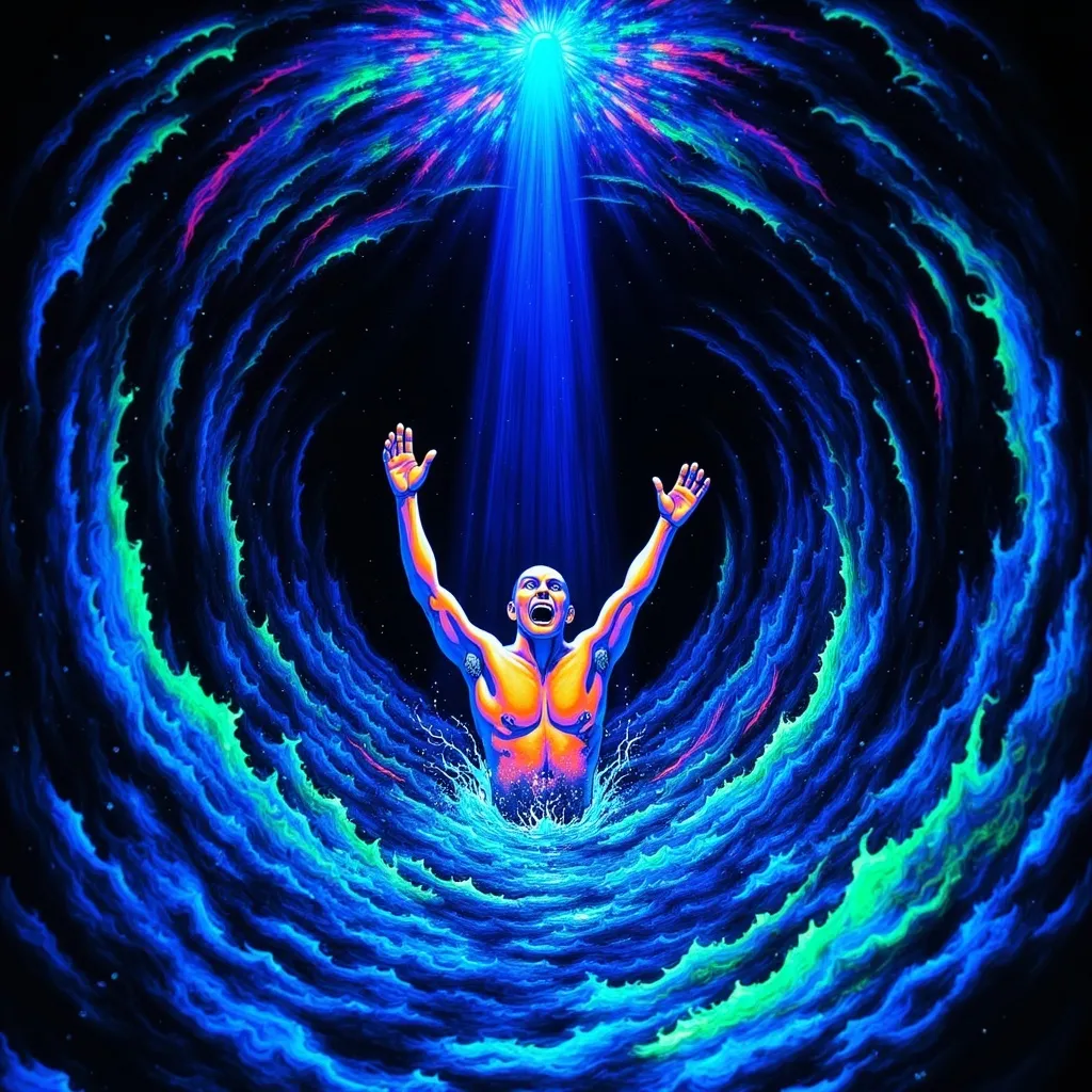 Prompt: Man sinking into a vortex, (half body), arms raised, (panicked expression), swirling dark waters, chaotic motion around him, shadows deepening, (intense colors), dramatic lighting illuminating his face, spiraling energies surrounding him, claustrophobic atmosphere, (4K ultra-detailed), high tension and desperation in the scene, impending doom evident with tumultuous waves crashing around.