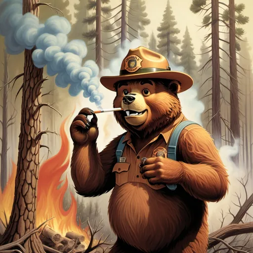 Prompt: Smokey the bear throwing a cigarette into a dry bush starting a forest fire.