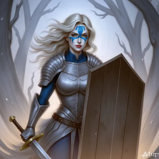 Prompt: Shield maiden, (silver blonde hair), (deep blue eyes), (battle-scarred face) white skin, blue face paint, intricate blue body art, wooden shield, fur-covered silver armor plates, (silver blade), (gold-hilted sword), (masterpiece quality), (highly detailed), (anatomically correct), (dramatic lighting), (epic battlefield background), (intense atmosphere), ultra-detailed, vibrant colors.