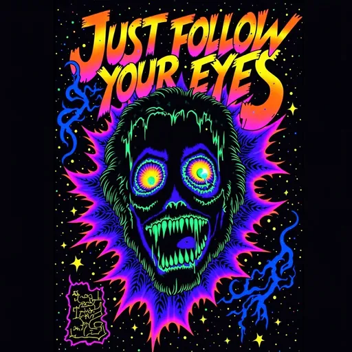 Prompt: (accurately spelled text "Just follow your eyes" above two eyes) two eyes