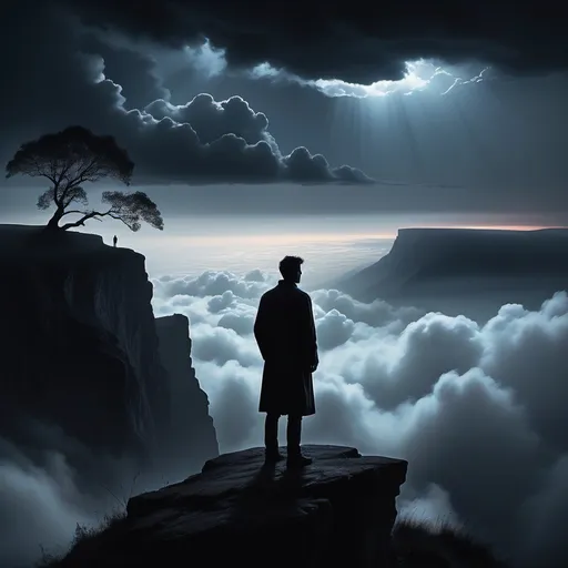 Prompt: Dark atmospheric landscape, (ethereal) misty scene, low visibility, (dramatic black silhouette) of a man standing on a cliff, gazing at (heavenly clouds) in the distance, moody lighting, twilight colors blending softly, rich contrast between the silhouette and the clouds, (highly detailed), inviting a sense of wonder and solitude, captivating the mysterious essence of the moment.