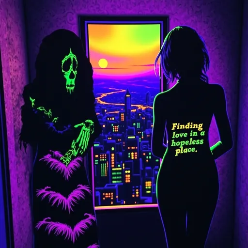 Prompt: Dark silhouette of a woman looking out a window into a city. On her dress, clear and readable text says 'Finding love in a hopeless place,' . black light art style with glowing, ethereal neon effects. The background shows a calm sun, with soft, warm colors fading into darker tones, creating a peaceful yet haunting atmosphere over the city.