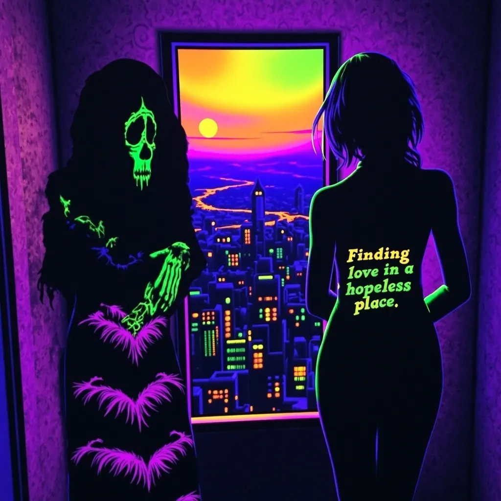 Prompt: Dark silhouette of a woman looking out a window into a city. On her dress, clear and readable text says 'Finding love in a hopeless place,' . black light art style with glowing, ethereal neon effects. The background shows a calm sun, with soft, warm colors fading into darker tones, creating a peaceful yet haunting atmosphere over the city.