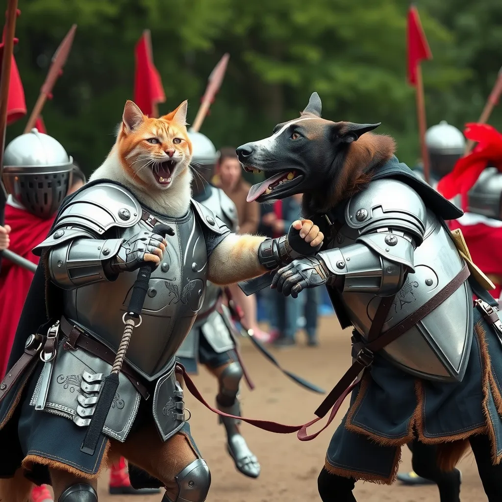 Prompt: Cats in full body armor jousting dogs in full body armor. Full scale war. 