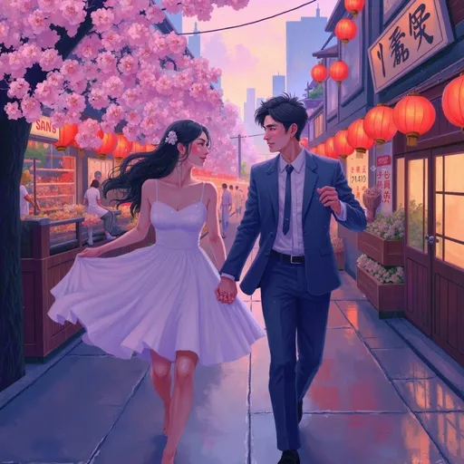 Prompt: Couple running (holding hands), vibrant Japanese cityscape, cherry blossoms in bloom, traditional architecture, colorful lanterns, neon lights illuminating the streets, warm evening glow, energetic motion, joyful expressions, delighted ambiance, captivating details, high resolution, ultra-detailed, engaging atmosphere.