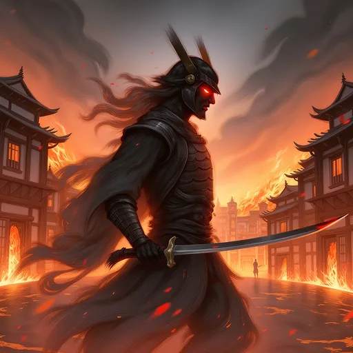 Prompt: Samurai (menpō with glowing red eyes), dynamic pose, fierce expression, traditional armor adorned with intricate details, Japanese town engulfed in flames in the background, warm and vibrant color palette, deep contrasts of shadows and firelight, high tension and dramatic ambiance, intense atmosphere, 4K, ultra-detailed, cinematic masterpiece.