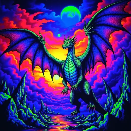 Prompt: (majestic dragon), vibrant scales with shimmering hues, intricate details and powerful wings, soaring through a dramatic sunset sky, creating a sense of awe, striking background with swirling clouds, richly saturated colors, ultra-detailed, mythic atmosphere, high-quality, cinematic ambiance, impressive artwork suitable for epic fantasy themes. (Black light art)