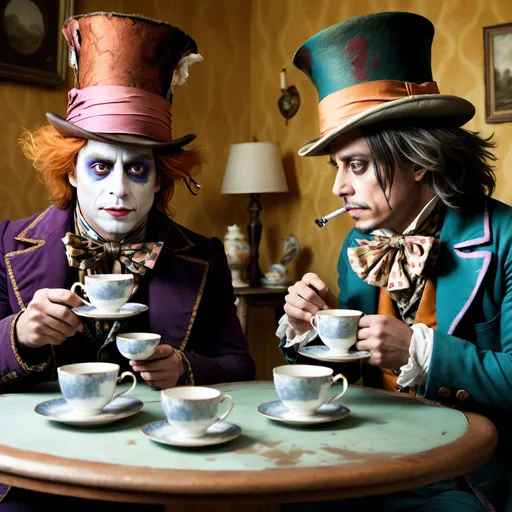 Prompt: No country for old men. Javier Ángel Encinas Bardem. Drinking tea with the mad hatter. Jonny depp. In Alice and wonderland.