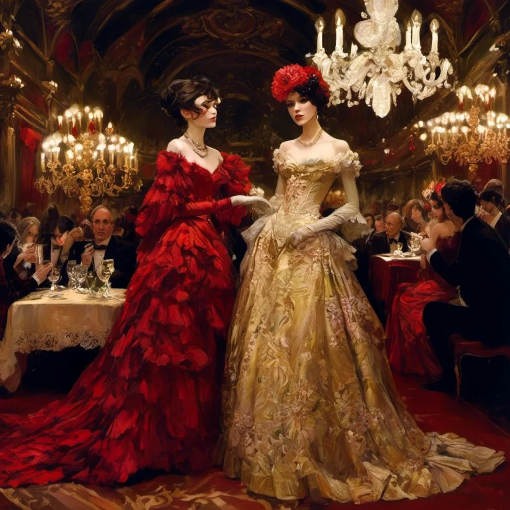 Prompt: <mymodel>Victorian style ball, (masquerade), elegant people dancing, ornate masks, festive atmosphere, (grand orchestra), exquisite ballroom, opulent chandeliers, rich color palette of deep reds and golds, (highly detailed), textured fabrics, intricate patterns on gowns and suits, luxurious furnishings, soft candlelight flickering, (4K) quality, enchanting ambiance.