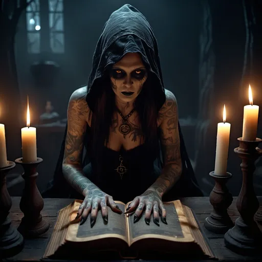 Prompt: (the necronomicon), (horror theme), enigmatic witch with glowing tattoos, shadowy surroundings, eerie and dark ambiance, ghostly mist enveloping ancient tomes, candlelight flickering ominously, intricate and mysterious symbols etched into skin, haunting gaze, ultra-detailed and immersive, chilling yet captivating, 4K resolution, evocative and foreboding.