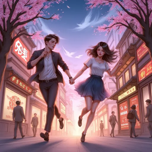 Prompt: Couple running (holding hands), vibrant Japanese cityscape, cherry blossoms in bloom, traditional architecture, colorful lanterns, neon lights illuminating the streets, warm evening glow, energetic motion, joyful expressions, delighted ambiance, captivating details, high resolution, ultra-detailed, engaging atmosphere.