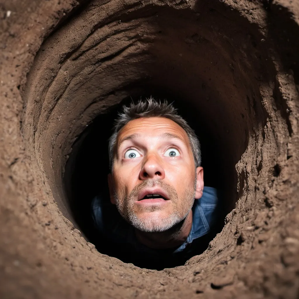 Prompt: Man in a hole looking up and seeing a new world.