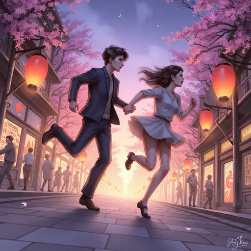 Prompt: Couple running (holding hands), vibrant Japanese cityscape, cherry blossoms in bloom, traditional architecture, colorful lanterns, neon lights illuminating the streets, warm evening glow, energetic motion, joyful expressions, delighted ambiance, captivating details, high resolution, ultra-detailed, engaging atmosphere.