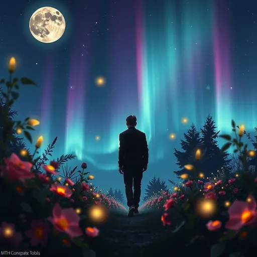 Prompt: (Dark silhouette of a man walking), moonlit scene, (surrounded by vibrant flowers), both hands outstretched touching blossoms, (glowing fireflies) fluttering around, magical atmosphere, (aurora borealis) painting the night sky with spectacular colors, serene and enchanting ambiance, high detail, ultra-detailed, captivating visual.