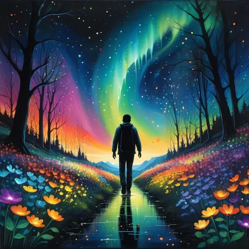 Prompt: (Dark silhouette of a man walking), moonlit scene, (surrounded by vibrant flowers), both hands outstretched touching blossoms, (glowing fireflies) fluttering around, magical atmosphere, (aurora borealis) painting the night sky with spectacular colors, serene and enchanting ambiance, high detail, ultra-detailed, captivating visual.