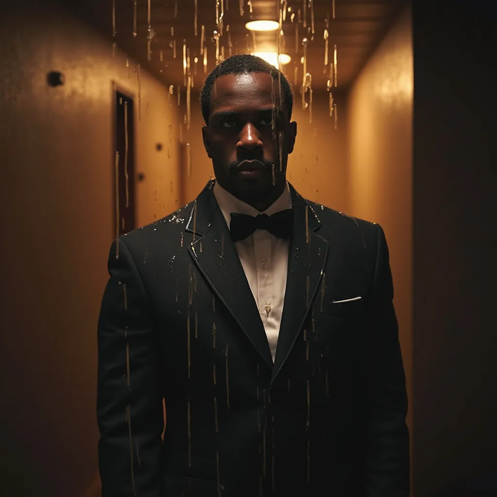 Prompt: Horror theme Sean "Diddy" Combs. Dark hallway blurry vision. Baby oil dripping from ceiling.