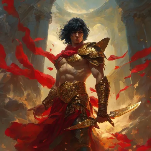 Prompt: <mymodel>Ares (Greek god of war), portrayed with intense and striking features, muscular physique, wearing ornate armor, holding a glistening sword, fierce expression, passionate and powerful stance, (dramatic lighting), (epic background of ancient ruins), (highly detailed), (mythological ambiance), vibrant colors of red and gold, evoking feelings of strength and valor, 4K resolution, ultra-detailed.