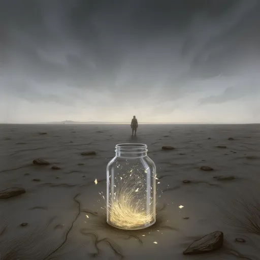 Prompt: In a vast, empty landscape, there is only one thing—a small, shattered glass jar sitting on the cracked earth, its pieces barely holding together by a thin thread of light, the last trace of something once whole. Inside the jar, faint golden wisps swirl, like the remnants of a soul or the ghost of a dream, but they're fading fast, slipping through the cracks as if time itself is leaking away. Around the jar, the ground is barren, scorched, with faint outlines of footprints leading away and disappearing into the horizon, as if everyone has already left. The sky is a deep bruised grey, not from a storm, but from the sheer weight of silence. Far in the distance, a figure walks away slowly, shoulders hunched, their form barely visible as they dissolve into the mist. They carry nothing. Not even hope. The world is vast, but utterly empty—except for that jar and the final moments of light escaping it, like the last breath of something irreplaceable, lost forever.